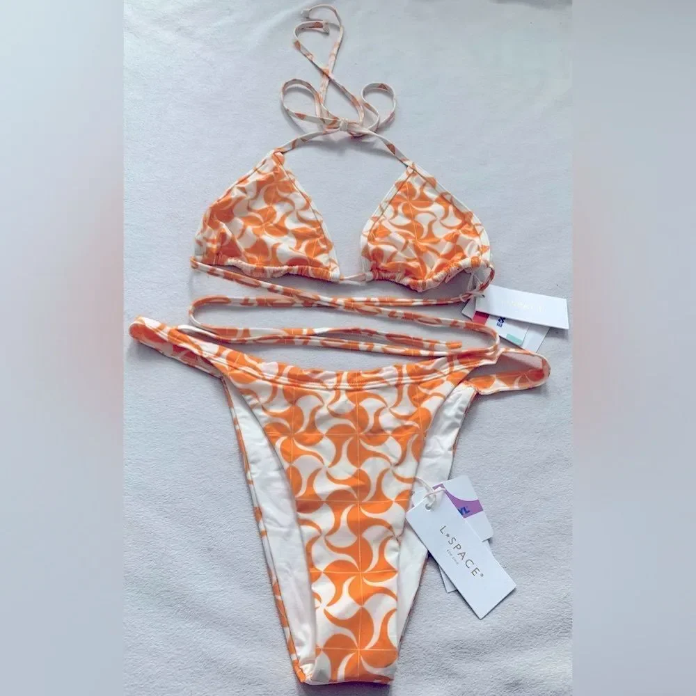 L*Space Bikini Set Aspen Top & Camdyn Bitsy Bottoms Size Large Orange Resortwear